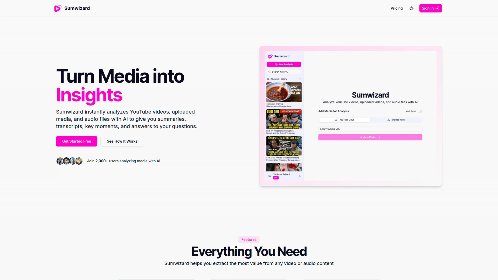 Screenshot of Sumwizard: AI-Powered Media Analysis Platform