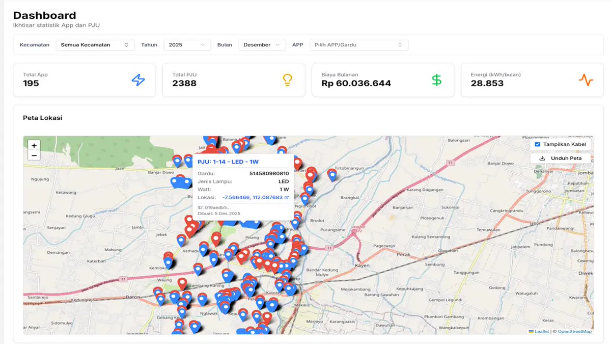 Screenshot of Dishub Nganjuk PJU Management System